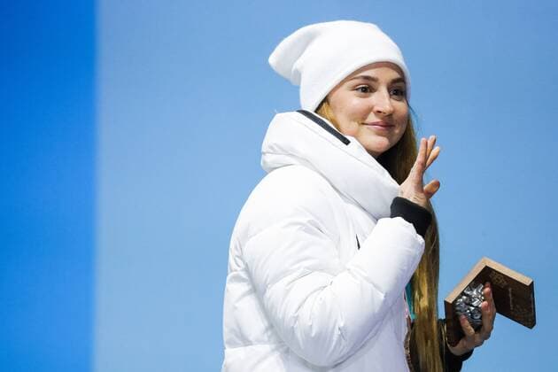 PYEONGCHANG, SOUTH KOREA - FEBRUARY 14, 2018: Bronze medalist, Olympic Athlete from Russia Yulia Belorukova at a medal ceremony for the ladies cross-country skiing individual sprint classic event at the 2018 Winter Olympic Games Olympische Spiele Olympia OS at Medals Plaza. Sergei Bobylev TASS  TS073C42
