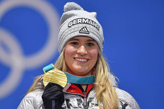 Nathalie GEISBERGER GER gold medal medal Olympic Champion Olympic gold medalist Luge women s singles Luge women victory ceremony PyeongChang Olympic medals Plaza ceremony on 13 02 2018 Winter Olympics 2018 from 09 02 25 02 2018 in PyeongChang of South Korea
