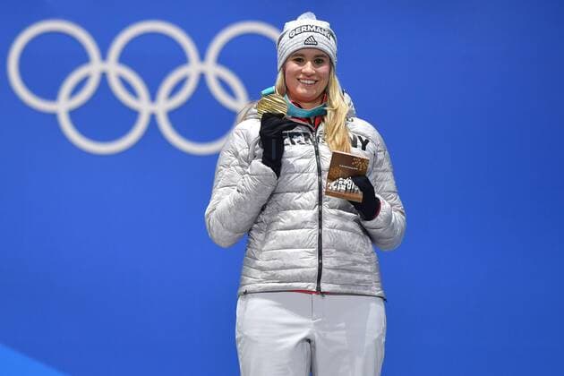 Nathalie GEISBERGER GER gold medal medal Olympic Champion Olympic gold medalist Luge women s singles Luge women victory ceremony PyeongChang Olympic medals Plaza ceremony on 13 02 2018 Winter Olympics 2018 from 09 02 25 02 2018 in PyeongChang of South Korea