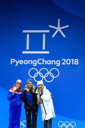 180214 Maiken Caspersen Falla of Norway Silver Stina Nilsson of Sweden Gold and Yulia Belorukova of Russia OAR bronze at the medal ceremony for the Women s Cross Country Sprint during day five of the 2018 Winter Olympics on February 14 2018 in Pyeongchang Photo Carl Sandin BILDBYRAN code CS 57999 292  Copyright: CARLxSANDIN BB180214CS139