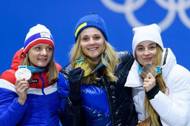 180214 Maiken Caspersen Falla of Norway Silver Stina Nilsson of Sweden Gold and Yulia Belorukova of Russia OAR bronze at the medal ceremony for the Women s Cross Country Sprint during day five of the 2018 Winter Olympics on February 14 2018 in Pyeongchang Photo Carl Sandin BILDBYRAN code CS 57999 292  Copyright: CARLxSANDIN BB180214CS140