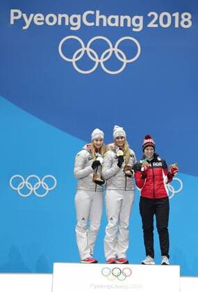 (180214) -- PYEONGCHANG, Feb. 14, 2018 -- Champion Natalie Geisenberger (C) from Germany, second-placed Dajana Eitberger from Germany (L) and third-placed Alex Gough from Canada pose for photos during medal ceremony of women s singles event of luge at 2018 PyeongChang Winter Olympic Games Olympische Spiele Olympia OS at the Medal Plaza in PyeongChang, South Korea, Feb. 14, 2018. ) (SP)OLY-SOUTH KOREA-PYEONGCHANG-LUGE-WOMEN S SINGLES-MEDAL CEREMONY WuxZhuang 