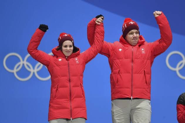 Team Switzerland SUI with Jenny PERRET and Martin RIOS 2 square silver silver silver medalist curling mixed doubles Xurling mixed double cheers cheers joy enthusiasm emotion cheer cheers victory ceremony PyeongChang Olympic medals Plaza ceremony on 14 02 2018 Winter Olympics 2018 from 09 02 25 02 2018 in PyeongChang Korea Â