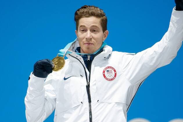 MenÕs Snowboard Halfpipe gold medalist Shaun White of the United States celebrates at the medals ceremony for the 2018 Pyeongchang Winter Olympics at the Pyeongchang Medals Plaza in Pyeongchang, South Korea, on February 14, 2018.  OLY20180214142 MATTHEWxHEALEY