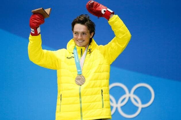 MenÕs Snowboard Halfpipe bronze medalist Scotty James of Australia celebrates at the medals ceremony for the 2018 Pyeongchang Winter Olympics at the Pyeongchang Medals Plaza in Pyeongchang, South Korea, on February 14, 2018.  OLY20180214139 MATTHEWxHEALEY