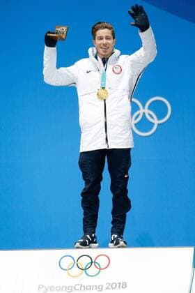 Men s Snowboard Halfpipe gold medalist Shaun White of the United States celebrates at the medals ceremony for the 2018 Pyeongchang Winter Olympics at the Pyeongchang Medals Plaza in Pyeongchang, South Korea, on February 14, 2018.  OLY20180214145 MATTHEWxHEALEY