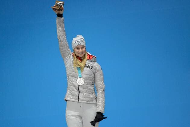 February 14, 2018 - Pyeongchang, South Korea - DAJANA EITBERGER of Germany celebrates getting the silver medal for the Women s Singles luge event in the PyeongChang Olympic Games Olympische Spiele Olympia OS PyeongChang 18: Luge Women - ZUMAl132 20180214_zap_l132_056 Copyright: xChristopherxLevyx