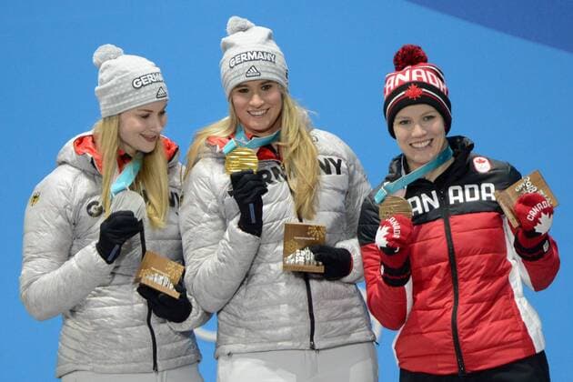February 14, 2018 - Pyeongchang, South Korea - DAJANA EITBERGER of Germany (left) , NATALIE GEISENBERGER of Germany (center) and ALEX GOUGH of Canada (right) with their medals for the Women s Singles luge event in the PyeongChang Olympic Games Olympische Spiele Olympia OS PyeongChang 18: Luge Women - ZUMAl132 20180214_zap_l132_060 Copyright: xChristopherxLevyx