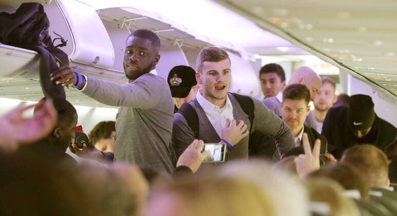 RB Leipzig departure football euro League Leipzig 14 02 2018 Leipzig airport football UEFA Euro League 16el final departure of RB Leipzig in Leipzig before playing Napoli vs RBL pictured v l Dayot Upamecano and Timo Werner both RB Leipzig