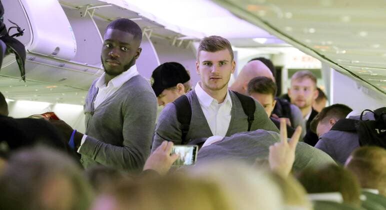 RB Leipzig departure football euro League Leipzig 14 02 2018 Leipzig airport football UEFA Euro League 16el final departure of RB Leipzig in Leipzig before playing Napoli vs RBL pictured v l Dayot Upamecano and Timo Werner both RB Leipzig