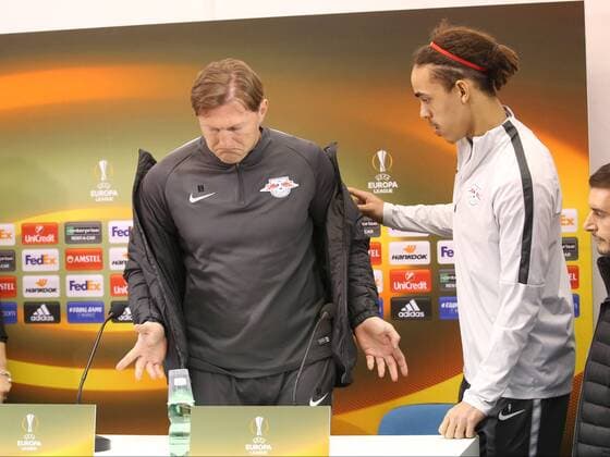 Coach Ralph Hasenhuettl RB Leipzig Yussuf Poulsen RB Leipzig 9 press conference Napoli vs RB Leipzig Europa League football 14 02 2018 Naples Copyright: xLanger Eibner-Pressefotox EP_HLR