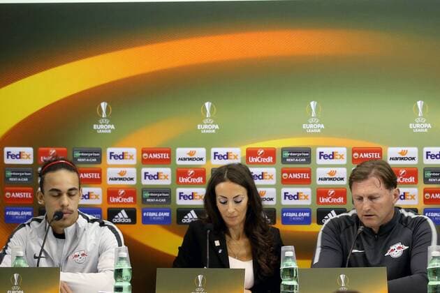Yussuf Poulsen RB Leipzig 9 coach Ralph Hasenhuettl RB Leipzig press conference Napoli vs RB Leipzig Europa League football 14 02 2018 Naples Copyright: xLanger Eibner-Pressefotox EP_HLR