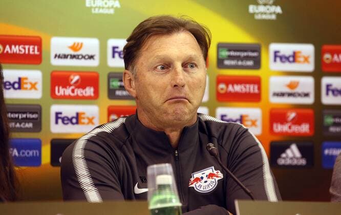 RB Leipzig Press Conference football euro League Naples Napoli 14 02 2018 San Paolo Stadium football UEFA Euro League 16el RB Leipzig final press conference on the eve of the game Napoli vs RB Leipzig pictured coach Ralph Hasenhüttl Hasenhuettl RB Leipzig