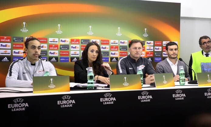 RB Leipzig Press Conference football euro League Naples Napoli 14 02 2018 San Paolo Stadium football UEFA Euro League 16el RB Leipzig final press conference on the eve of the game Napoli vs RB Leipzig pictured Yussuf Poulsen 9 RB Leipzig interpreter trainer Ralph Hasenhüttl Haji RB Leipzig spokesman Benjamin Ippoliti RB Leipzig