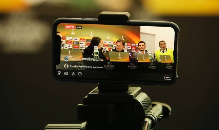 RB Leipzig Press Conference football euro League Naples Napoli 14 02 2018 San Paolo Stadium football UEFA Euro League 16el RB Leipzig final press conference on the eve of the game Napoli vs RB Leipzig pictured Yussuf Poulsen 9 RB Leipzig interpreter trainer Ralph Hasenhüttl Haji RB Leipzig spokesman Benjamin Ippoliti RB Leipzig