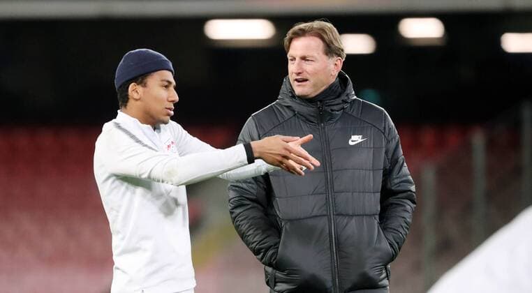 RB Leipzig training football euro League Naples Napoli 14 02 2018 San Paolo Stadium football UEFA Euro League 16el final training of RB Leipzig on the day before of the game Napoli vs RB Leipzig In the image of v l BERNARDO Fernandes da Silva and trainer Ralph Hasenhüttl Hasenhuettl RB Leipzig