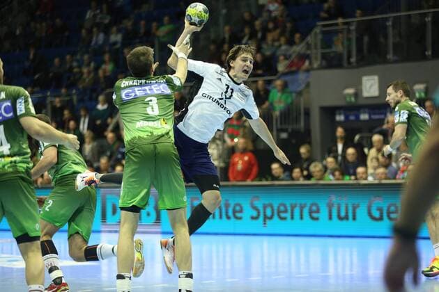14 02 xcsx 2018 handball EHF Cup SC Magdeburg Bjerringbro Silkeborg of emspor v l Piotr Chrapkowski SC Magdeburg Sebastian Skubbe Bjerringbro Silkeborg duel battle for the ball Magdeburg