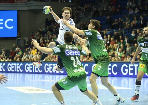 14 02 xcsx 2018 handball EHF Cup SC Magdeburg Bjerringbro Silkeborg of emspor v l Sebastian Skubbe Bjerringbro Silkeborg at the throw Christian O Sullivan SC Magdeburg Piotr Chrapkowski SC Magdeburg Magdeburg defense