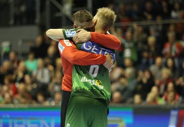 14 02 xcsx 2018 handball EHF Cup SC Magdeburg Bjerringbro Silkeborg of emspor v l Dario Quenstedt SC Magdeburg Matthias shell SC Magdeburg cheer hug Hug Joy joy Magdeburg