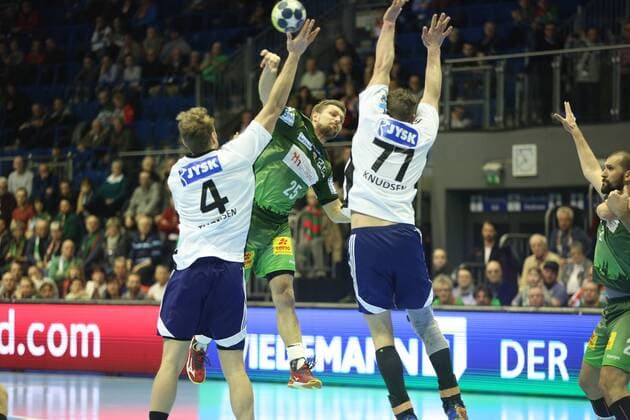 14 02 xcsx 2018 handball EHF Cup SC Magdeburg Bjerringbro Silkeborg of emspor v l Klaus Lundsby Thomsen Bjerringbro Silkeborg Marko Bezjak SC Magdeburg Michael V Knudsen Bjerringbro Silkeborg Magdeburg
