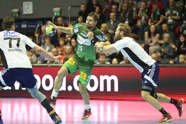 14 02 xcsx 2018 handball EHF Cup SC Magdeburg Bjerringbro Silkeborg of emspor v l Marko Bezjak SC Magdeburg Nikolay Oris Nielsen Bjerringbro Silkeborg duel battle for the ball Magdeburg