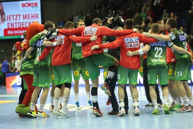14 02 xcsx 2018 handball EHF Cup SC Magdeburg Bjerringbro Silkeborg of emspor v l Magdeburg cheers after playing Magdeburg