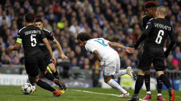 Soccer match between Real Madrid and Paris Saint Germain of Champions League 2017 2018, held at the Santiago Bernabeu stadium, in Madrid. (Photo: Jose Cuesta 261 Cordon Press). Marcelo  xJosexLuisxCuestax xx