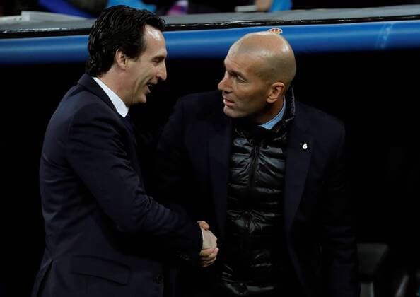 Paris Saint Germain s head coach Unai Emery (L) and Real Madrid s head coach Zinedine Zidane (R) greet prior to the UEFA Champions League round of 16 first leg match between Real Madrid and Paris Saint Germain (PSG) at Santiago Bernabeu stadium in Madrid, Spain, 14 February 2018. Real Madrid vs Paris Saint Germain !ACHTUNG: NUR REDAKTIONELLE NUTZUNG!  Copyright: xJuanjoxMartinx GRAF1676 20180214-636542388524895228