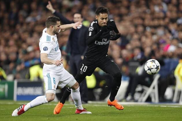 (l-r) Nacho of Real Madrid, Neymar of Paris Saint-Germain during the UEFA Champions League round of 16 match between Real Madrid and Paris Saint-Germain at the Santiago Bernabeu stadium on February 14, 2018 in Madrid, Spain UEFA Champions League 2017 2018 xVIxVIxImagesx xMauricexvanxSteenxIVx 10066100