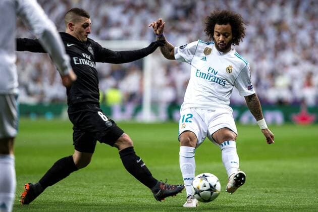 Real Madrid s Marcelo Vieira (R) and Paris Saint Germain Marco Verratti (L) in action during the UEFA Champions League round of 16 first leg match between Real Madrid and Paris Saint Germain (PSG) at Santiago Bernabeu stadium in Madrid, Spain, 14 February 2018. Real Madrid vs Paris Saint Germain !ACHTUNG: NUR REDAKTIONELLE NUTZUNG!  Copyright: xRodrigoxJimenezx GRAF1687 20180214-636542393494074797