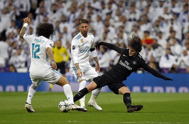 Soccer match between Real Madrid and Paris Saint Germain of Champions League 2017 2018, held at the Santiago Bernabeu stadium, in Madrid. (Photo: Jose Cuesta 261 Cordon Press). Sergio Ramos and Rabiot  xJosexLuisxCuestax xx