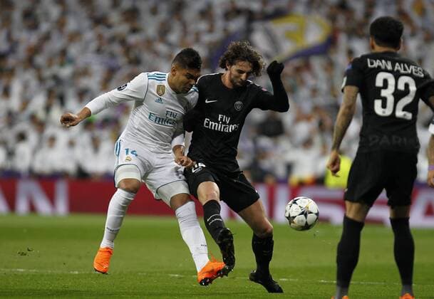 Soccer match between Real Madrid and Paris Saint Germain of Champions League 2017 2018, held at the Santiago Bernabeu stadium, in Madrid. (Photo: Jose Cuesta 261 Cordon Press). Casemiro and Rabiot  xJosexLuisxCuestax xx