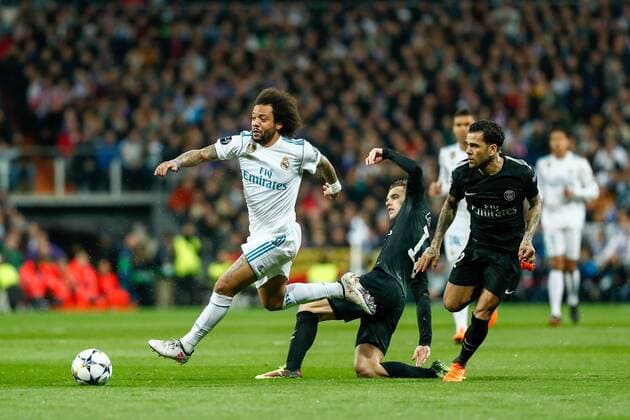 Marcelo of Real Madrid during the Chambions League match played on Santiago Bernabeu Stadium between Real Madrid and PSG Paris Saint Germain, Feb 14th 2018. Photo: Oscar J. Barroso AFP7  xOscarxJ.xBarrosox xAFP7x xRealxMadridxvxPSG,xChampionsxLeague,xSpain,xFebx14thx2018x