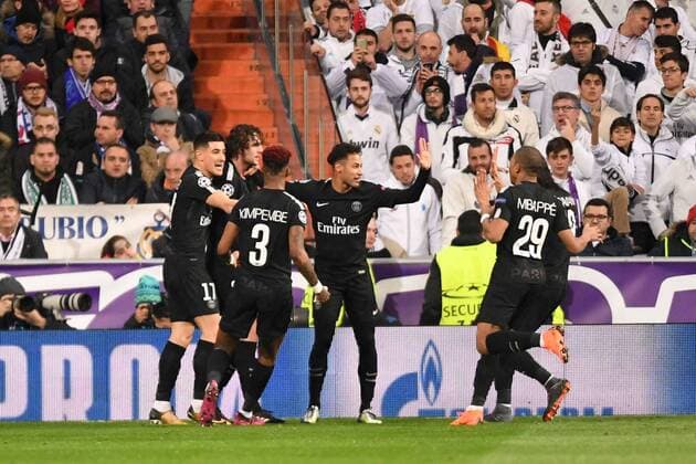 10 NEYMAR JR (psg) - 25 ADRIEN RABIOT (psg) - 17 YURI BERCHICHE (psg) - JOIE FOOTBALL : Real Madrid vs Paris SG - Ligue des Champions - 14 02 2018 AnthonyBIBARD FEP Panoramic 