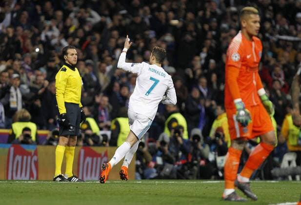 Soccer match between Real Madrid and Paris Saint Germain of Champions League 2017 2018, held at the Santiago Bernabeu stadium, in Madrid. (Photo: Jose Cuesta 261 Cordon Press). Cristiano Ronaldo celebrates after scoring  xJosexLuisxCuestax xx