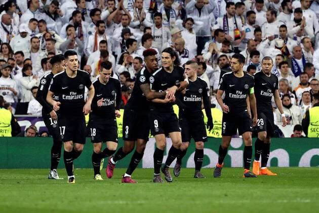 Paris Saint Germain s players jubilate a goal by French Adrien Rabiot during the UEFA Champions League round of 16 first leg match between Real Madrid and Paris Saint Germain at the Santiago Bernabeu stadium in Madrid, Spain, 14 February 2018. Real Madrid vs. Paris Saint Germain !ACHTUNG: NUR REDAKTIONELLE NUTZUNG!  Copyright: xKikoxHuescax MAD018 20180214-636542421208464207