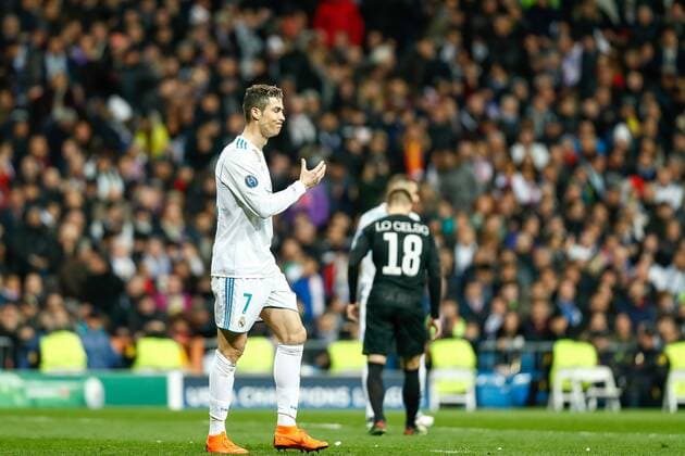 Cristiano Ronaldo of Real Madrid lamenting during the Champions League match played on Santiago Bernabeu Stadium between Real Madrid and PSG Paris Saint Germain, Feb 14th 2018. Photo: Oscar J. Barroso AFP7  xOscarxJ.xBarrosox xAFP7x xRealxMadridxvxPSG,xChampionsxLeague,xSpain,xFebx14thx2018x