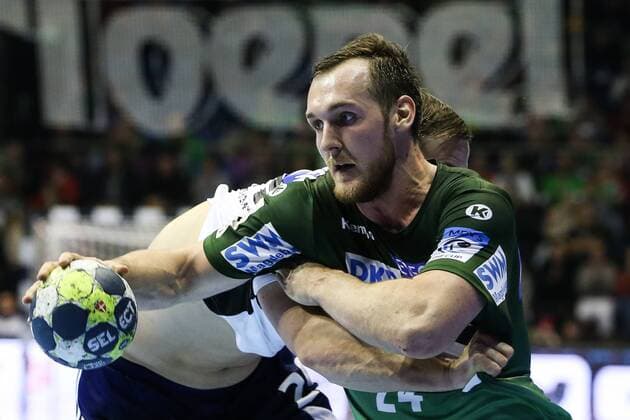 Christian O Sullivan (SC Magdeburg) SC Magdeburg handball EHF Cup group stages season 2017 2018 SC Magdeburg vs Bjerringbro Silkeborg in the GETEC arena in Magdeburg cut out frame action Germany handball men men 14 02 2018