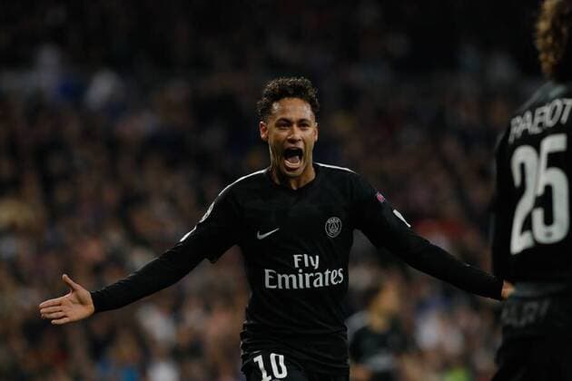 Madrid Spain 14 02 2018 UEFA Champions League 2017 18 season last finals Real Madrid vs Paris Saint Germain Gate 0 1 scorer Adrien Rabiot PSG cheers with Neymar PSG DeFodi523