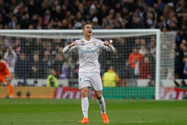 Madrid Spain 14 02 2018 UEFA Champions League 2017 18 season last finals Real Madrid vs Paris Saint Germain goal 1 1 scorer Cristiano Ronaldo Real Madrid cheers DeFodi523