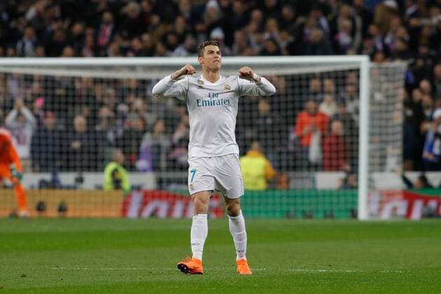Madrid Spain 14 02 2018 UEFA Champions League 2017 18 season last finals Real Madrid vs Paris Saint Germain goal 1 1 scorer Cristiano Ronaldo Real Madrid cheers DeFodi523