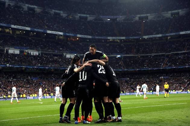 PSG s players jubilate a goal during the UEFA Champions League round of 16 first leg match between Real Madrid and Paris Saint Germain at the Santiago Bernabeu stadium in Madrid, Spain, 14 February 2018. Real Madrid vs. Paris Saint Germain !ACHTUNG: NUR REDAKTIONELLE NUTZUNG!  Copyright: xJuanJoxMartinx MAD039 20180214-636542456418065601