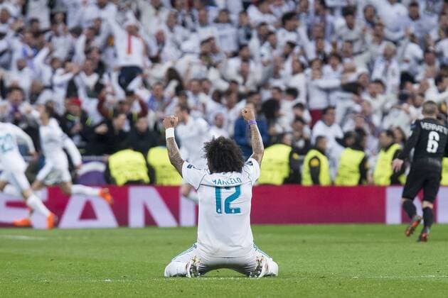 Real Madrid Marcelo celebrating a goal during Eight Finals Champions League match between Real Madrid and PSG at Santiago Bernabeu Stadium in Madrid , Spain. February 14, 2018.  (20180214055)