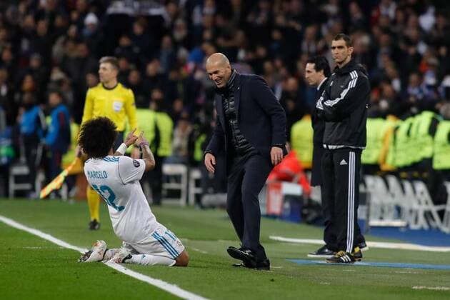 Madrid Spain 14 02 2018 UEFA Champions League 2017 18 season last finals Real Madrid vs Paris Saint Germain goal 3 1 scorer Marcelo Real Madrid cheers with trainer Zinedine Zidane Real Madrid DeFodi523