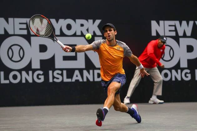 UNIONDALE, NY - FEBRUARY 14: Adrian Menendez-Maceiras of Spain during his New York Open Match on February 14, 2018, at NYCB Live in Uniondale, NY. (Photo by Rich Graessle Icon Sportswire) TENNIS: FEB 14 New York Open Icon0214181630 EDITORIAL USE ONLY