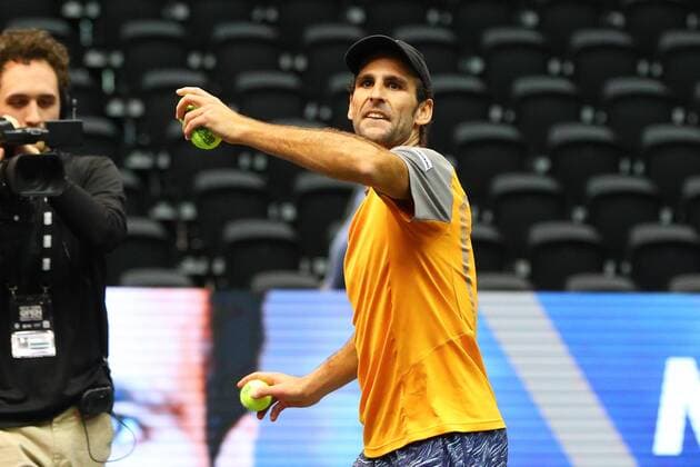 UNIONDALE, NY - FEBRUARY 14: Adrian Menendez-Maceiras of Spain after winning his New York Open Match on February 14, 2018, at NYCB Live in Uniondale, NY. (Photo by Rich Graessle Icon Sportswire) TENNIS: FEB 14 New York Open Icon0214181661 EDITORIAL USE ONLY