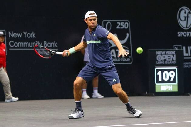 UNIONDALE, NY - FEBRUARY 14: Radu Albot of Moldova during his New York Open Match on February 14, 2018, at NYCB Live in Uniondale, NY. (Photo by Rich Graessle Icon Sportswire) TENNIS: FEB 14 New York Open Icon0214181666 EDITORIAL USE ONLY
