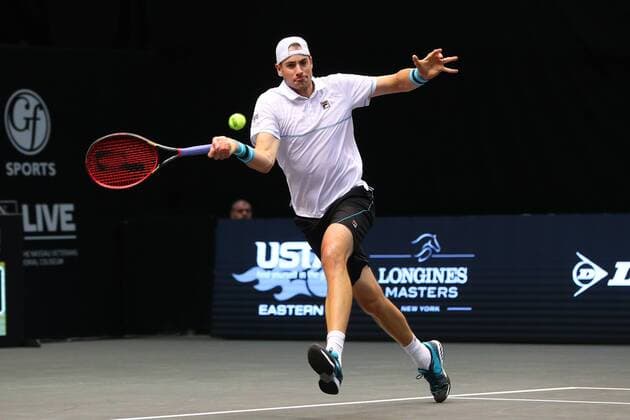 UNIONDALE, NY - FEBRUARY 14: John Isner of the United States during his New York Open Match on February 14, 2018, at NYCB Live in Uniondale, NY. (Photo by Rich Graessle Icon Sportswire) TENNIS: FEB 14 New York Open Icon0214181689 EDITORIAL USE ONLY