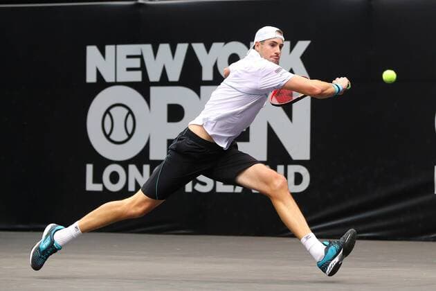 UNIONDALE, NY - FEBRUARY 14: John Isner of the United States during his New York Open Match on February 14, 2018, at NYCB Live in Uniondale, NY. (Photo by Rich Graessle Icon Sportswire) TENNIS: FEB 14 New York Open Icon0214181701 EDITORIAL USE ONLY