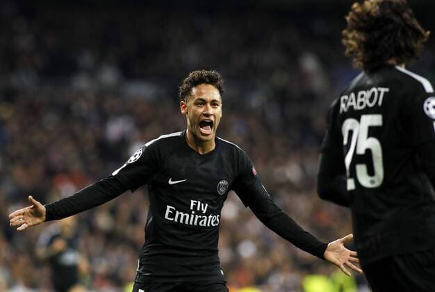 Partido de ida de octavos de la Liga de Campeones entre el Real Madrid y el PSG en el Bernabeu. En la imagen, Neymar celebra el gol de Rabiot. First leg of 1 8 Champions League match between Real Madrid and PSG. In this picture, Neymar celebrates the goal of Rabiot. 